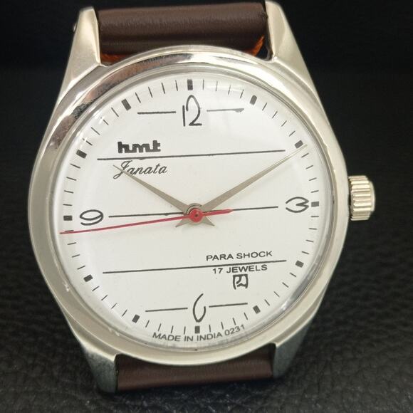 Vintage 1971 HMT Manual Wound Mens Silver Watch W/daydate & Black accents - Picture 4 of 9